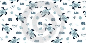 Sea turtle seamless pattern Cute swimming blue turtles. Boys nautical pattern Sea animals. Sea background