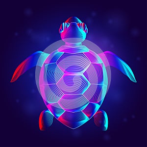 Sea turtle silhouette in neon line art style. Abstract hologram or a digital outline of a swimming tortoise. 3D vector