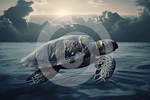 The sea turtle sleeps dreaming on the clouds in front. Generative AI