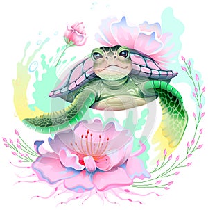 Sea turtle swim and exotic tropical flower. Tropical underwater paradise vector drawing