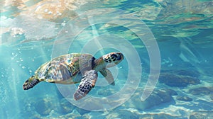 Sea turtle swimming in clear ocean water