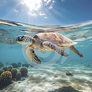 sea turtle swimming in clear ocean waters