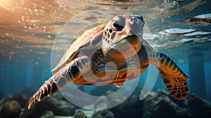 A sea turtle swimming in clear water
