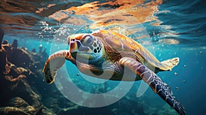A sea turtle swimming in clear water