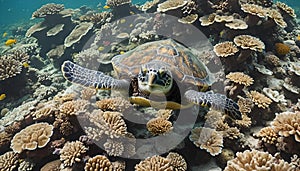 Sea turtle swimming among corals
