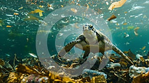 Sea turtle swimming through a littered sea of plastic waste