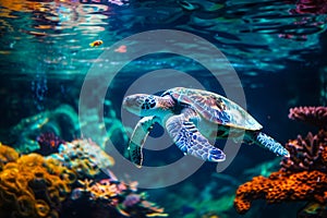 Sea turtle swimming near the sea surface next to corals. Underwater capture
