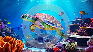 Sea turtle swimming in the ocean among colorful coral reef. Underwater world. Hawaiian Green sea turtle swimming in coral reef.