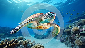 Sea turtle swimming in the ocean among colorful coral reef. Underwater world. Hawaiian Green sea turtle swimming in coral reef.