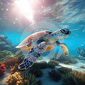 Sea turtle swimming in the ocean with coral reef underwater. Background illustration for world oceans day concept. Life in