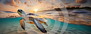 Sea turtle swimming in the ocean at sunset with light rays and waves. Underwater view of reptile in sea water. Panorama