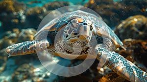 Sea turtle swimming over coral reef