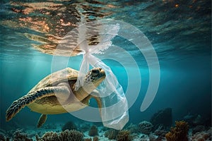 Sea turtle swimming with plastic bag. Underwater animals harm made by garbage in water. Tortoise stuck in plastic bag, ecological