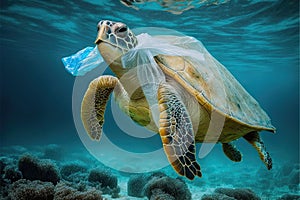 Sea turtle swimming with plastic bag. Underwater animals harm made by garbage in water. Tortoise stuck in plastic bag, ecological