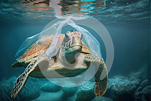 Sea turtle swimming with plastic bag. Underwater animals harm made by garbage in water. Tortoise stuck in plastic bag, ecological