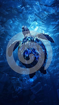 Sea turtle swimming among plastic pollution in the ocean
