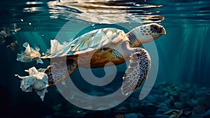 A sea turtle swimming tangled in a plastic bag. Pollution oceans. Generative AI