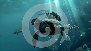 sea turtle swimming. turtle wears scuba goggles and has an oxygen tank