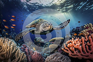 Sea turtle swimming in the under sea , Beautiful Underwater and colorfull coral in wild nature of the Pacific Ocean