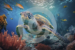 Sea turtle swimming in the under sea , Beautiful Underwater and colorfull coral in wild nature of the Pacific Ocean - ai