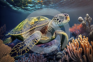 Sea turtle swimming in the under sea , Beautiful Underwater and colorfull coral in wild nature of the Pacific Ocean - ai