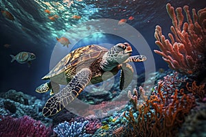 Sea turtle swimming in the under sea , Beautiful Underwater and colorfull coral in wild nature of the Pacific Ocean - ai