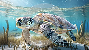 A sea turtle swimming underwater in colorful underwater scene.