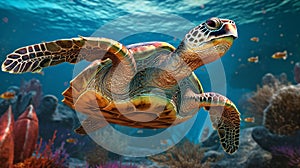 A sea turtle swimming underwater in colorful underwater scene.