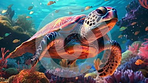 A sea turtle swimming underwater in colorful underwater scene.