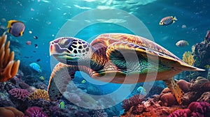 A sea turtle swimming underwater in colorful underwater scene.