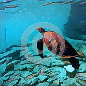 Sea turtle swimming underwater. Digital illustration in painting style.