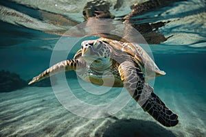 sea turtle swimming underwater, with its head above the water