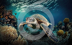 A sea turtle swimming underwater line with multicolor coral reef, generative AI