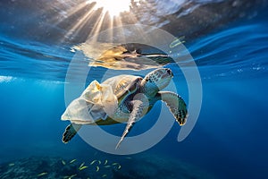 Sea turtle swimming underwater with plastic bag, plastic waste and ocean pollution concept. Generative AI