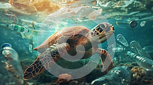 A sea turtle swimming underwater surrounded by plastic pollution