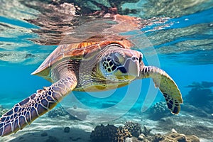 Sea Turtle swimming underwater in tropic