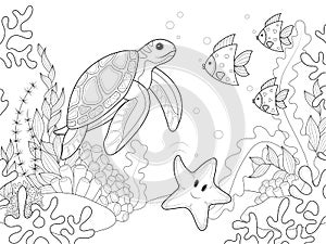 Sea turtle swims among algae and other fish. Coloring book, raster children illustration.