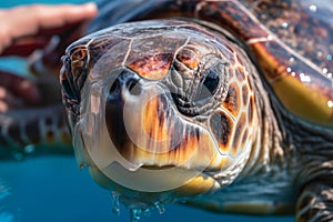 sea turtle swims in clear blue water close-up generative ai