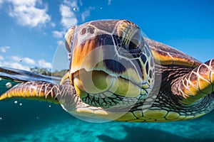 sea turtle swims in clear blue water close-up generative ai