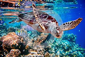 Sea turtle swims under water on the background of coral reefs