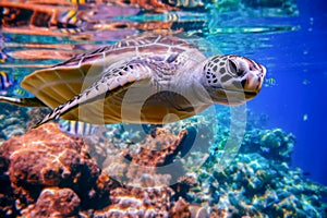 Sea turtle swims under water on the background of coral reefs