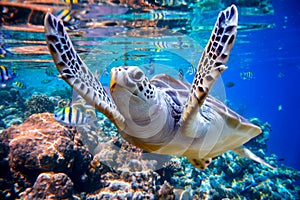 Sea turtle swims under water on the background of coral reefs