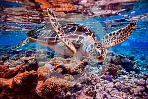 Sea turtle swims under water on the background of coral reefs