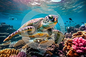 Sea turtle swims underwater.