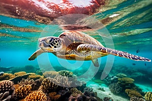 Sea turtle swims underwater.