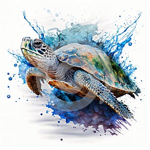 Sea turtle T-shirt graphics, illustration with splash watercolor textured background for fashion print, poster for