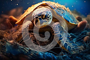 A sea turtle tangled in discarded fishing nets, serving as a reminder of the harmful effects of ghost fishing gear on marine life