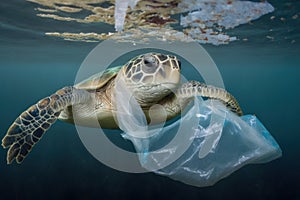 Sea turtle trapped by a plastic bag under the sea. Plastic pollution in ocean. Generative AI