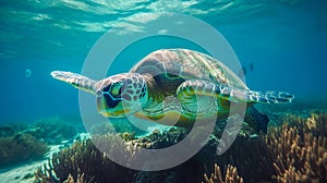 Sea turtle underwater, blue clear water, sun's rays make their way through water. Underwater world. Sea inhabitants