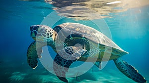 Sea turtle underwater, blue clear water, sun's rays make their way through water. Underwater world. Sea inhabitants